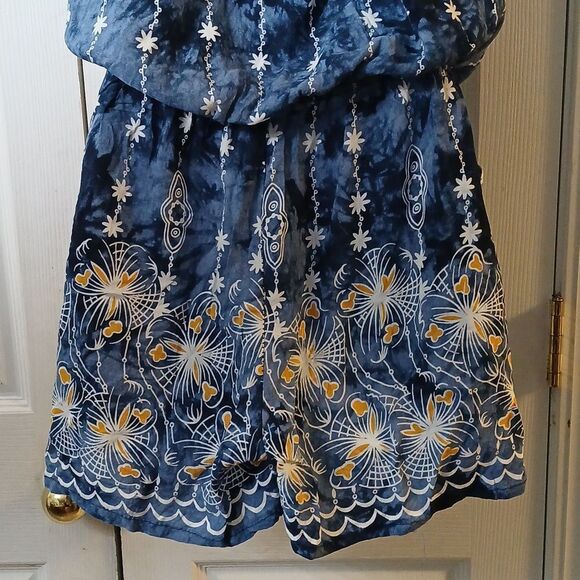 Sleeveless weaved strap blue white yellow floral print romper  Sz L EUC - Picture 5 of 7